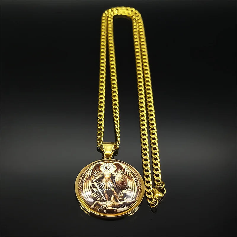 SAINT MICHAEL PROTECT US Archangel Stainless Steel Round Glass Medal Pendant Necklace for Women Men Gold Color Chain Jewelry