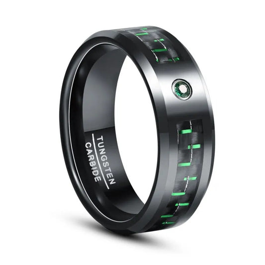 BONLAVIE Black Inlaid Blue Green Red Carbon Fiber Zircon Tungsten Carbide Wedding Rings For Men Beveled Edge Comfort Fit Jewelry