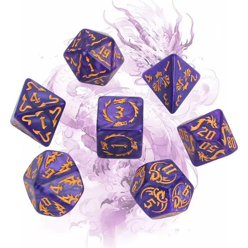 New 7pcs/set Dragon Element Polyhedral Dice Set Number Dice Kit for Dnd COC Cthulhu TRPG Running Team Table Game Dnd Dice Set purple