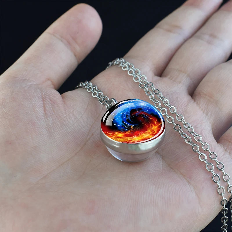 Ice and Fire Phoenix Yin Yang Aurora Necklaces Double Sided Glass Ball Pendant Fashion Chains Necklace Women Men Cool Jewelry