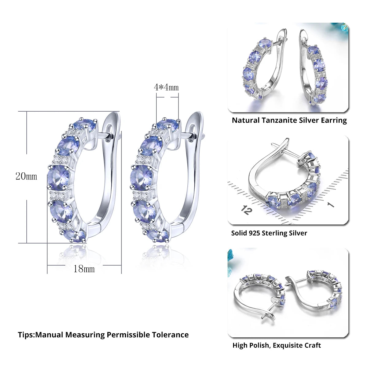 Natural Tanzanite Sterling Silver Clip Earring 2.7 Carats Genuine Gemstone Women Classic Style Fine Jewelrys S925 New Year Gift