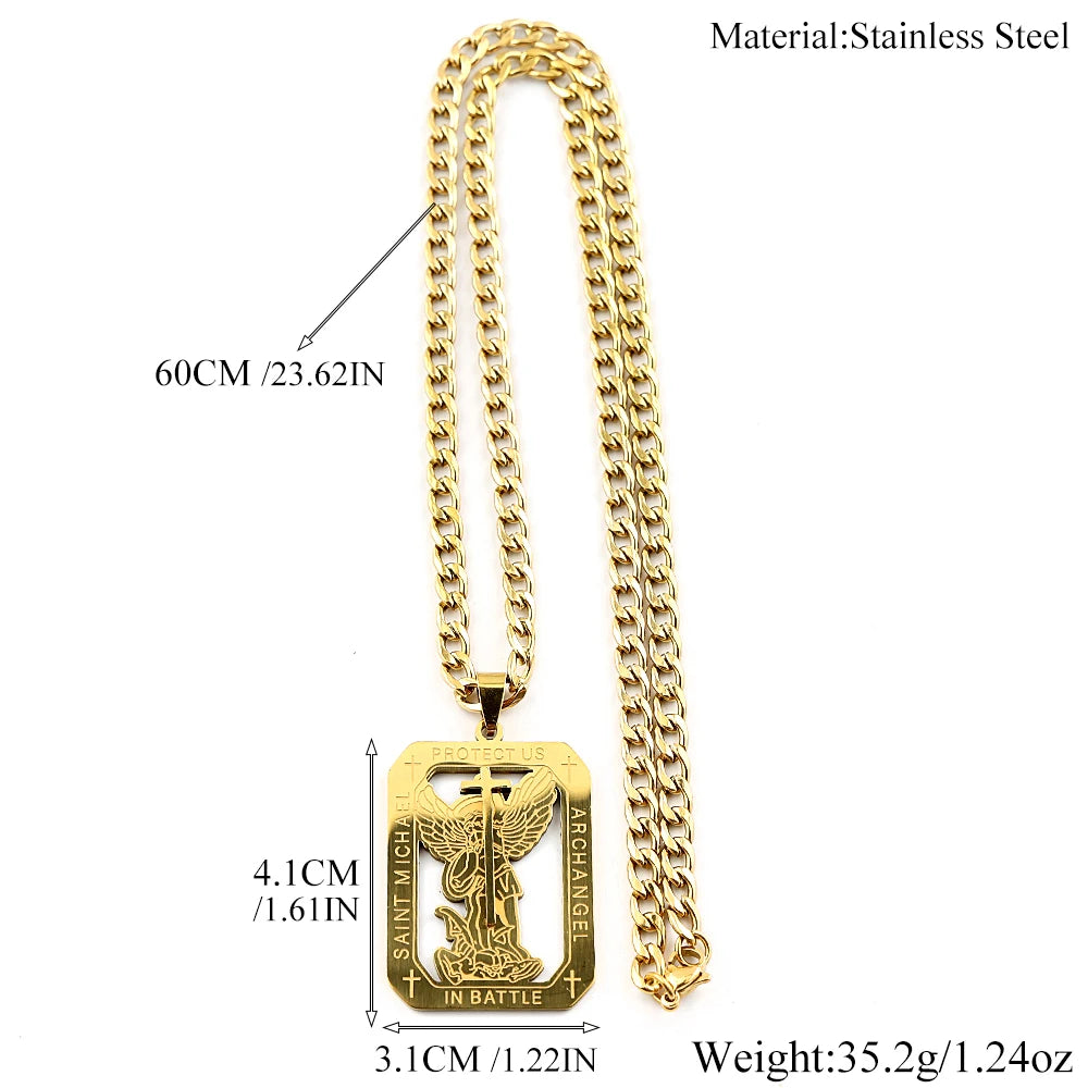 Archangel St.Michael Protect Us Medal Cross Pendant Necklace for Women Men Stainless Steel Saint Michael Amulet Chain Jewelry