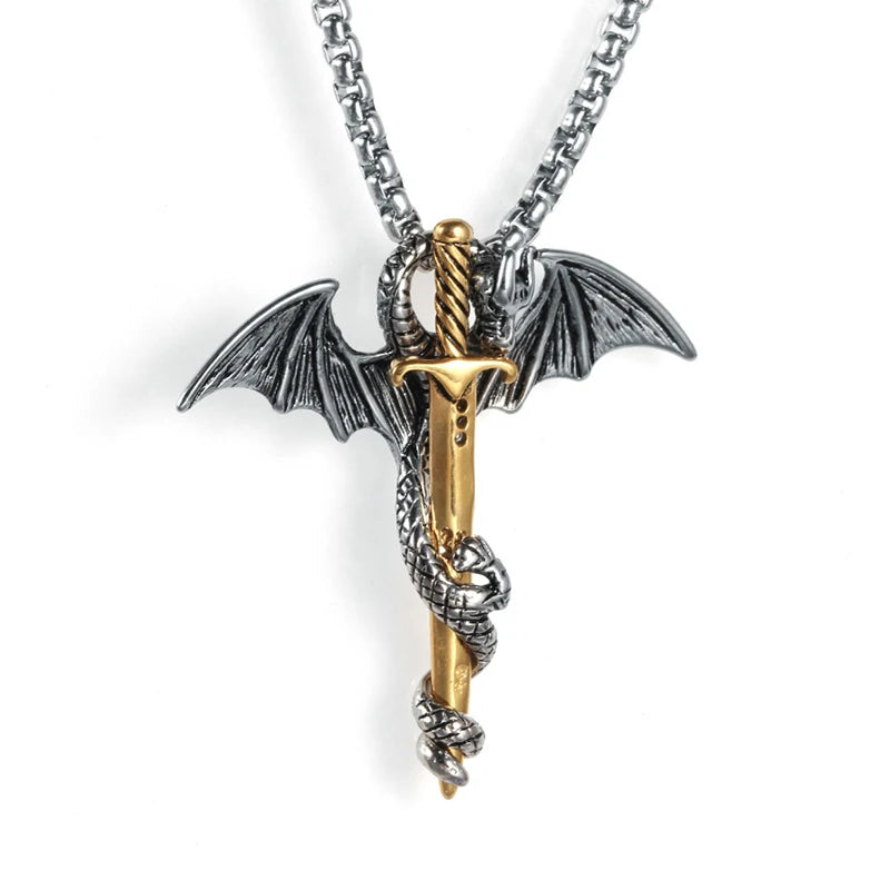 Vintage Stainless Steel Men's Dragon Necklace Fashion Steel Dragon Sword Chinese Pendant for Women Biker Jewelry Gift