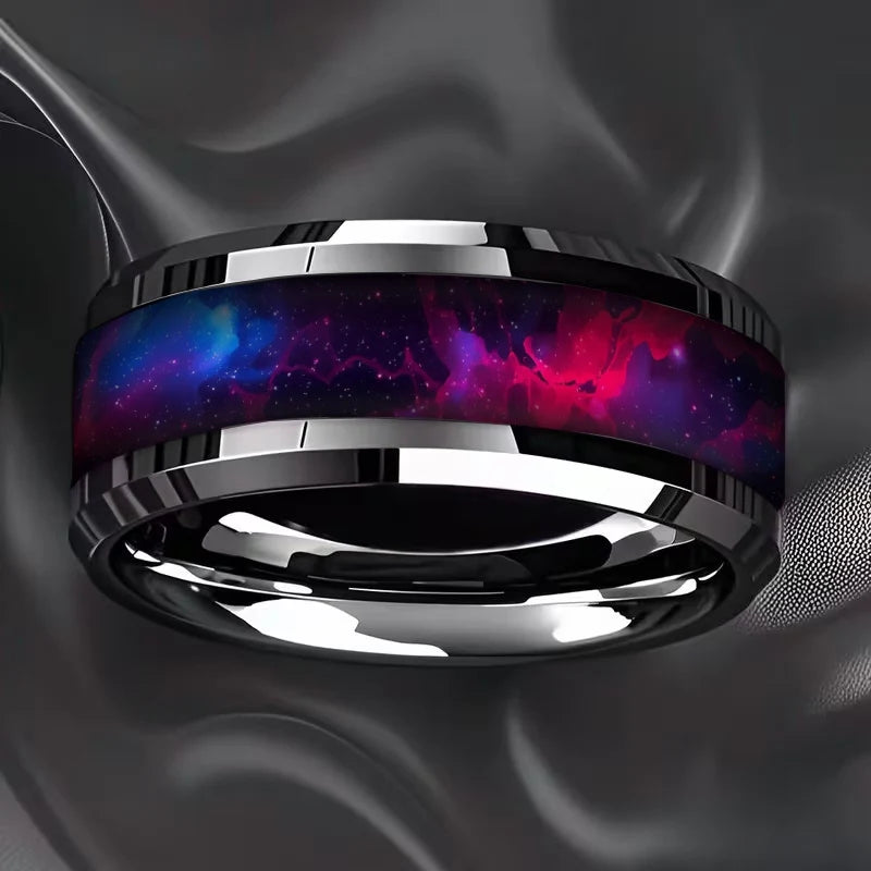 With Blue-Green Gradient Nebula Pattern Rings, 8mm Cosmic Starry Sky Stainless Steel Men Ring, Wedding Band Jewelry Drop Ship