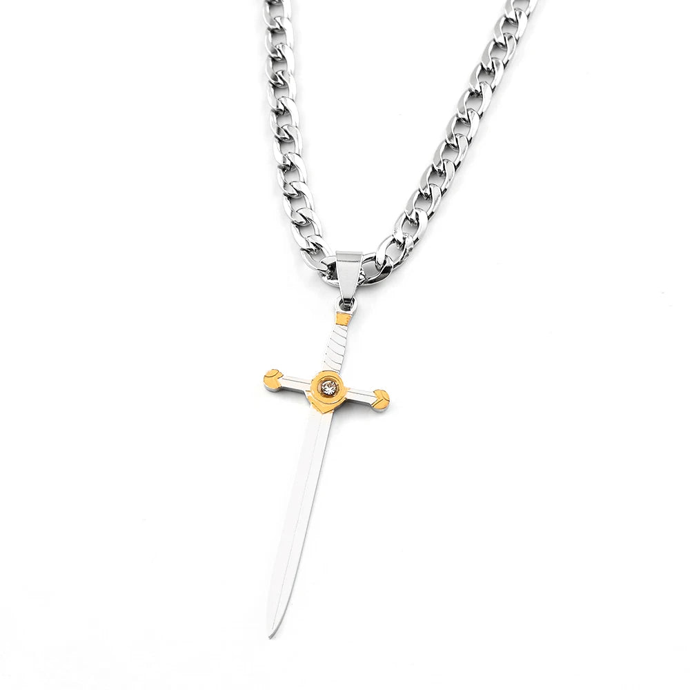 Archangel Saint Michael with Sword Protect Us Stainless Steel Pendants Necklace for Women Men Two-Tone Chain Necklaces Jewelry