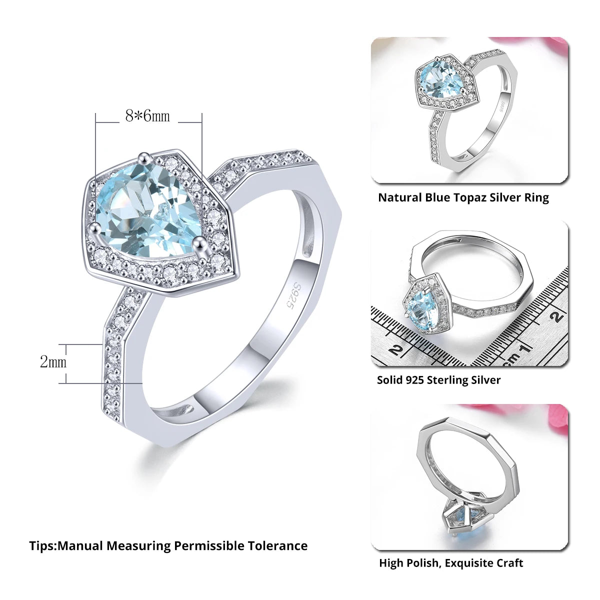 Natural Sky Blue Topaz Sterling Silver Rings 1.5 Carats Water Drop Special Fine Jewelry Design S925 Ring Band Daily Style