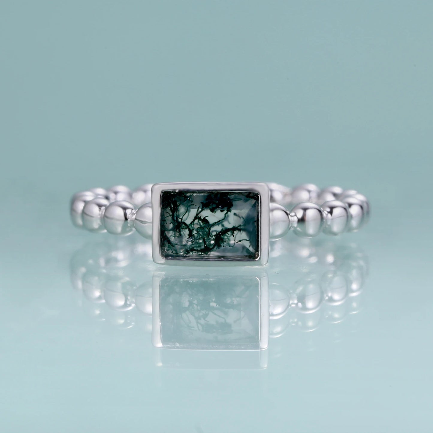 GEM'S BALLET Dainty 0.53Ct Natural Moss Agate Gemstone Ring in 925 Sterling Silver Bead Band Ring Mothers Day Gifts