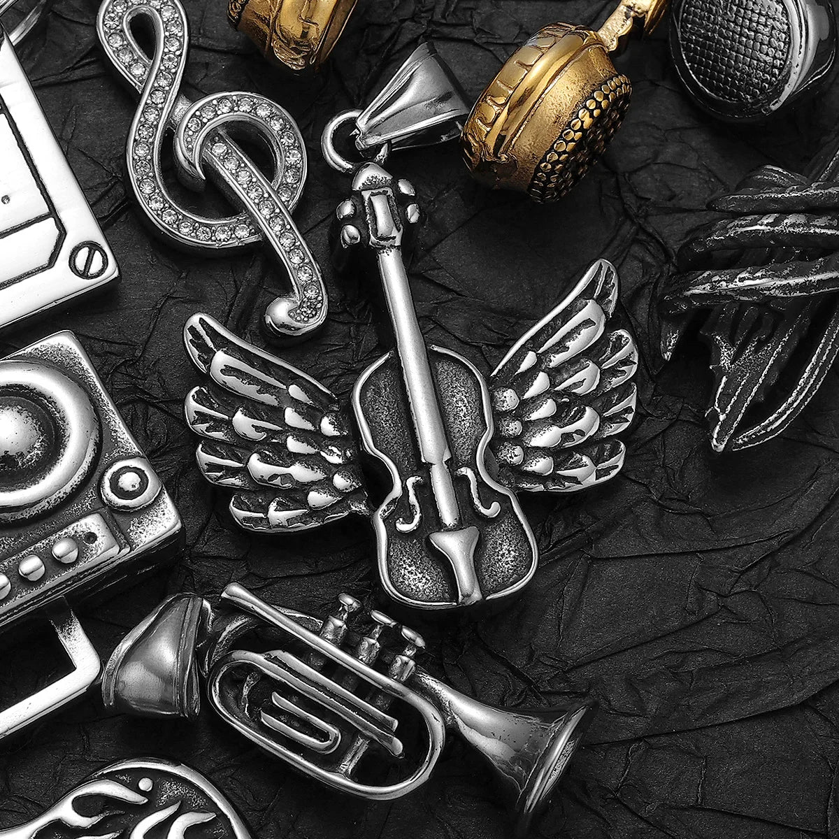 Musical Instrument Guitar Tape Stainless Steel Men Necklaces Pendant Chain Punk Rock Hiphop Women Fashion Jewelry Gift Wholesale