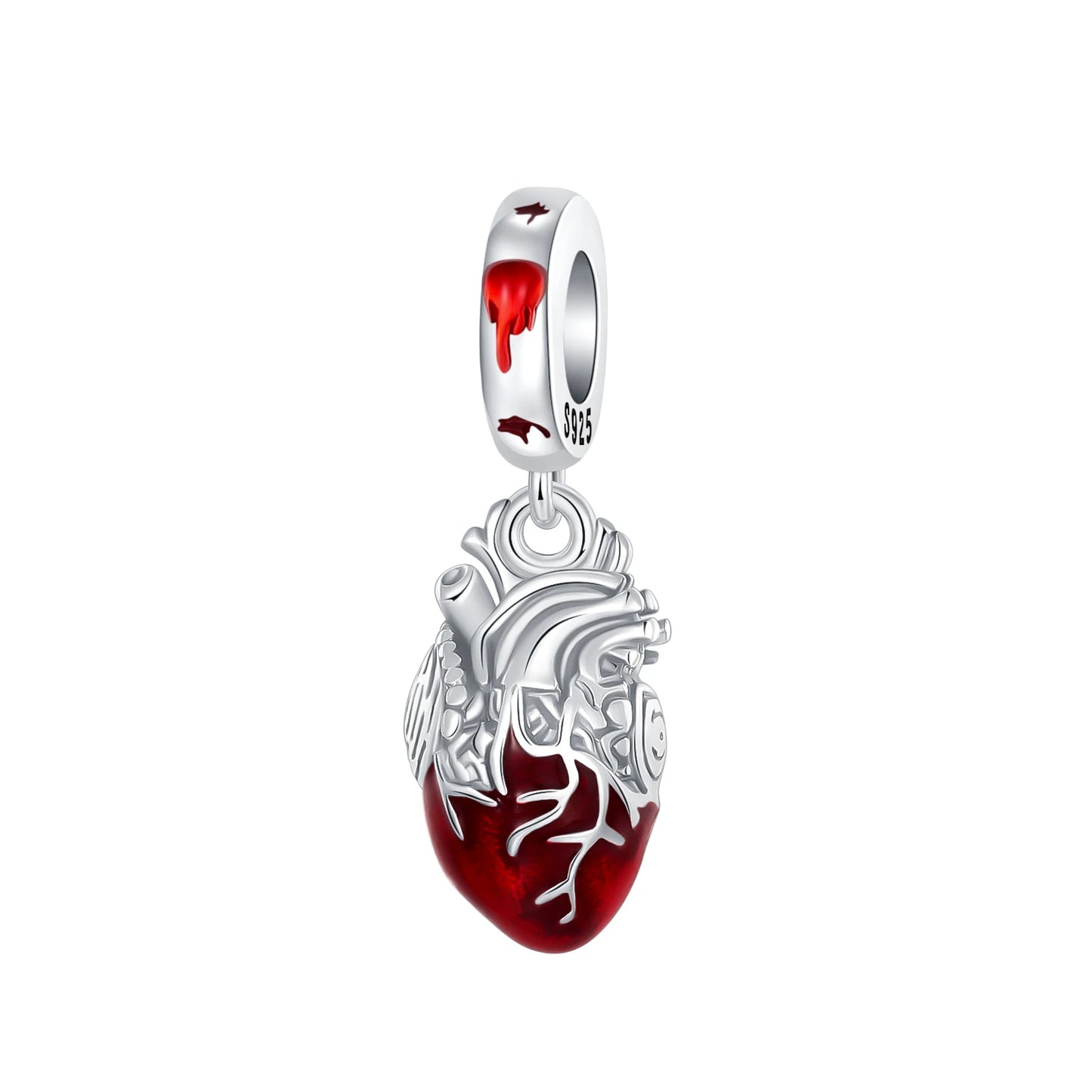 Heart & Organ Charm 925 Sterling Silver Red Rose Skull Dangle Pendant Dark Aesthetic Fit Bangle Bracelet Necklace DIY Jewelry