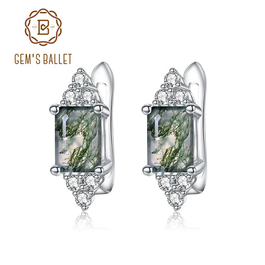 GEM'S BALLET Unique 5x7mm Octagon Cut Moss Agate Studs Earrings in 925 Sterling Silver Dainty Wedding Earrings Gift For Her