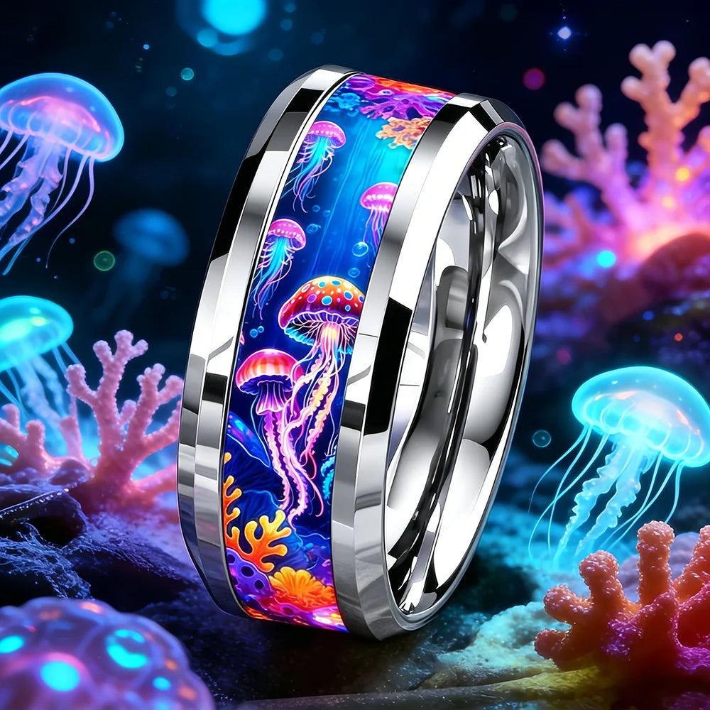 Cute Ocean-Themed 8mm Men Stainless Steel Ring with Dreamy Sea Jellyfish Pattern Inlay Rings for Teenager Wedding Party Jewelry
