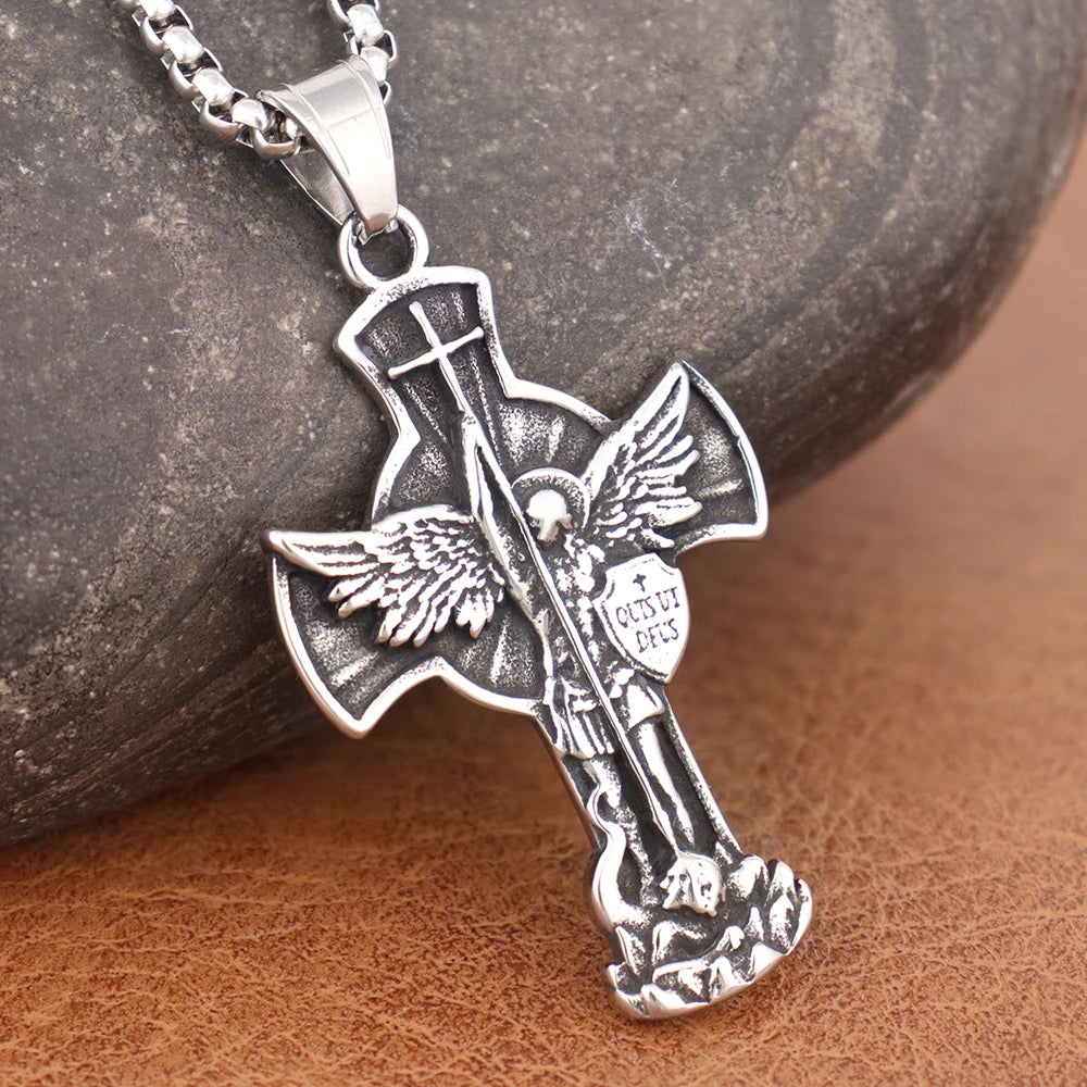 Retro Stainless Steel Saint Michael Pendant Chain Popular Charm Lucky Cross Necklace Amulet Jewelry Wholesale Man or Women Gift