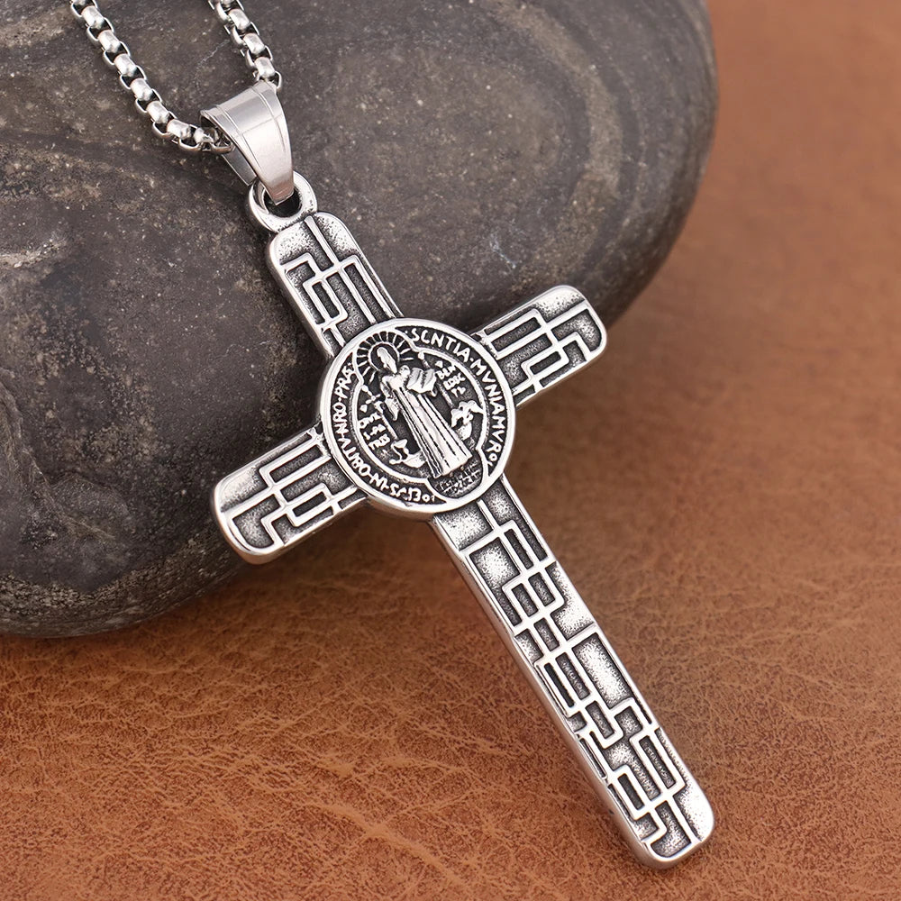 Classic Christian Jesus Cross Stainless Steel Necklace for Men Women Vintage Religion Prayer Baptism Pendants Jewelry