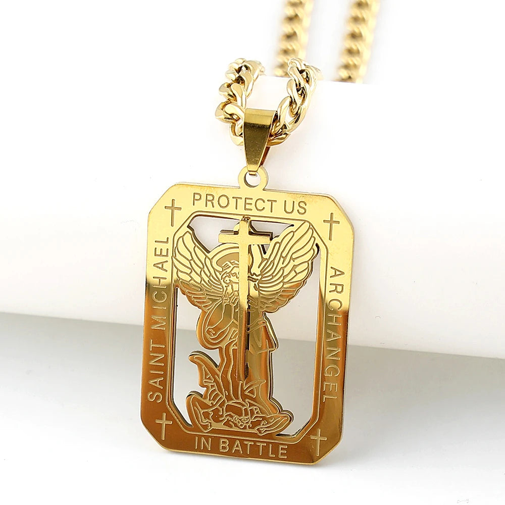 Archangel St.Michael Protect Us Medal Cross Pendant Necklace for Women Men Stainless Steel Saint Michael Amulet Chain Jewelry