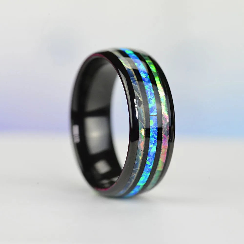 Fashion 8mm Silver Color Stainless Steel Ring For Men Fashion Abalone Shell Inlay Ring Men's Wedding Band Accessories Wholesale