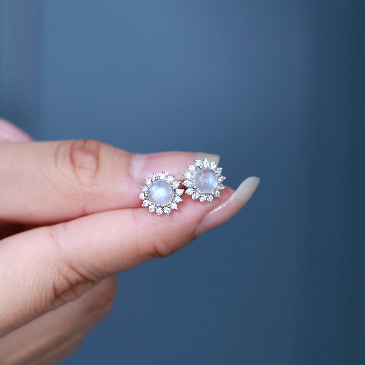 GEM'S BALLET 5mm Natural Rainbow Moonstone Halo Studs Earrings in 925 Sterling Silver June Birthstone Earrings Gift For Her