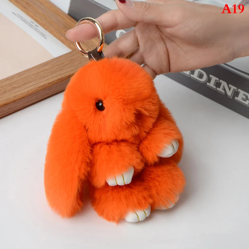 Rabbit Keychain Ring Fluffy Real Fur Pompon Bunny Trinket Key Chain Charm Cute Key Ring On Bag Car Key Pendant Orange