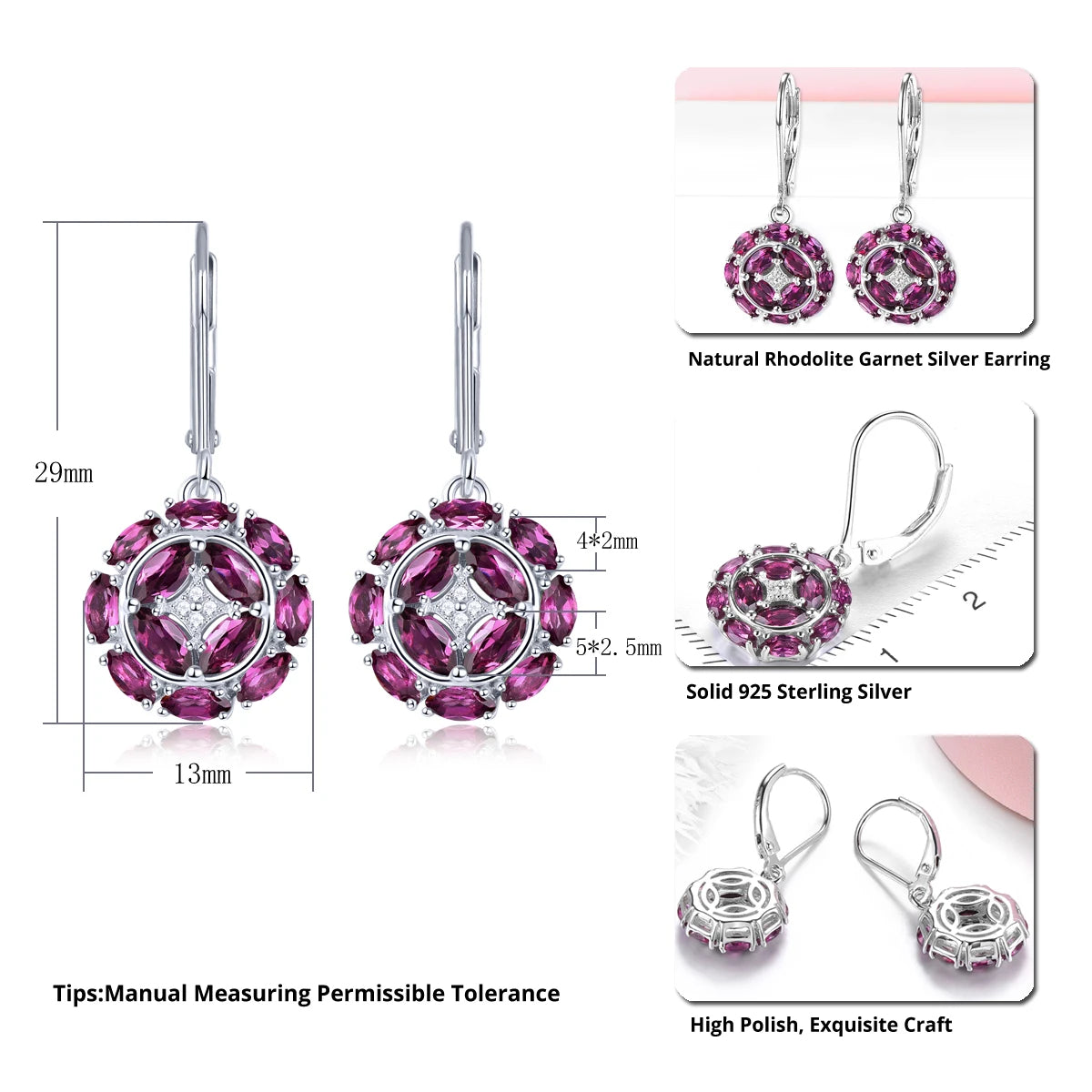 Natural Rhodolite Garnet Sterling Silver Drop Earring 3.5 Carats Genuine Romantic Garnet Gemstone Women's Favorite Fine Jewelrys