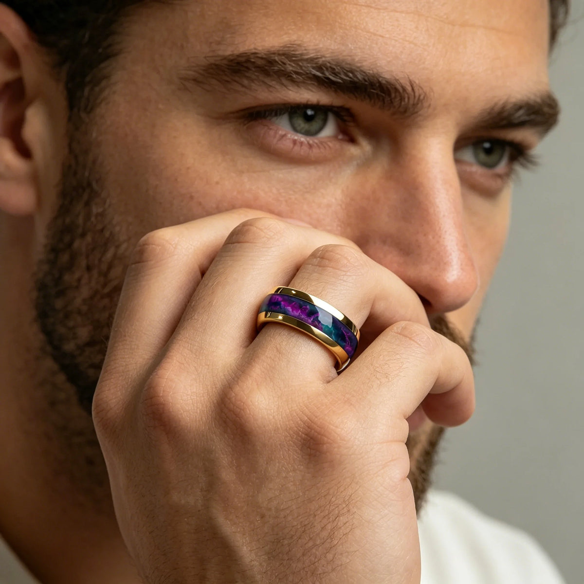 With Purple and Blue Gradient Stone Inlay Rings, 8mm Cosmic Starry Sky Stainless Steel Men Ring, Wedding Band Jewelry Drop Ship