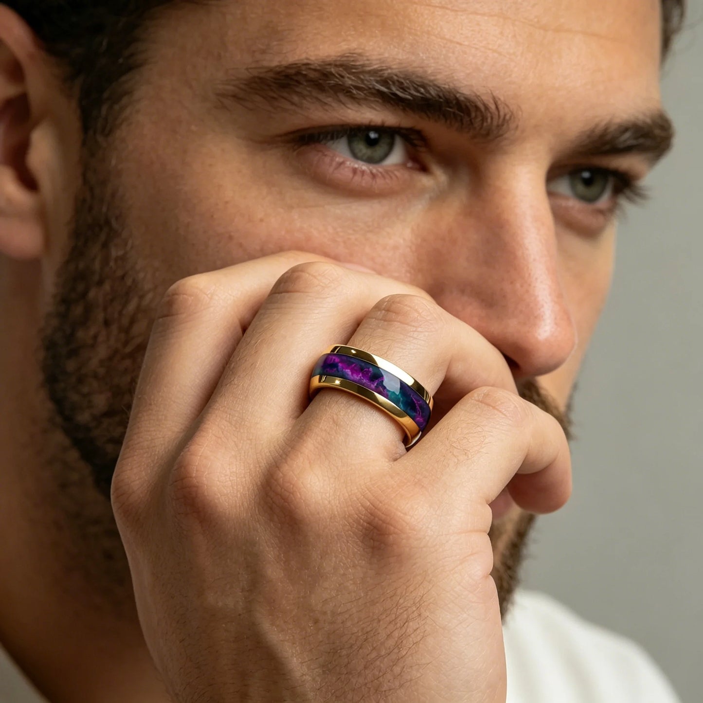 With Purple and Blue Gradient Stone Inlay Rings, 8mm Cosmic Starry Sky Stainless Steel Men Ring, Wedding Band Jewelry Drop Ship