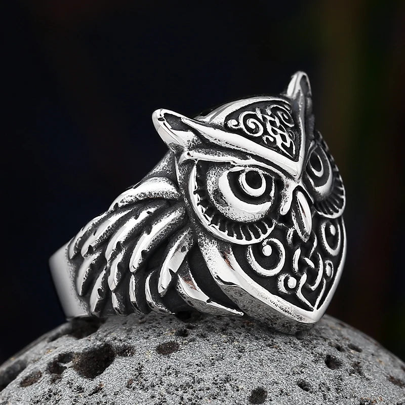 316L Stainless Steel Odin Norse Anel Amulet Owl Head Viking Animal Rings For Men Women Retro Jewelry Party Gift