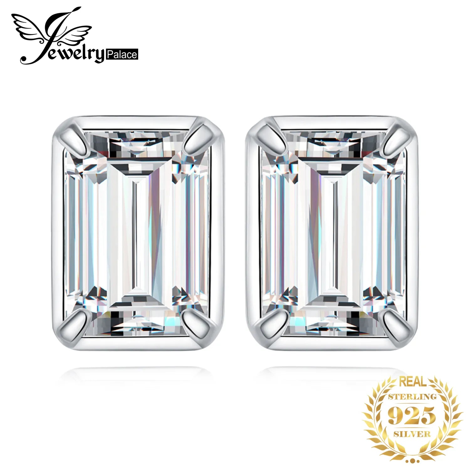 JewelryPalace Moissanite D Color 1.6ct/pair Emerald Cut 925 Sterling Silver Stud Earrings for Woman Yellow Rose Gold Plated