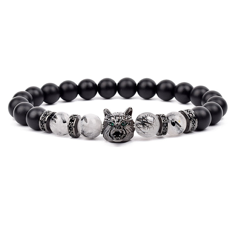 Wolf Charm Bracelets Men Natural Black Agates Onyx Stone Bracelet Brave Blue Tiger Eye Elastic 8 mm Beads Jewelry Beaded Pulsera Rutilated quartz