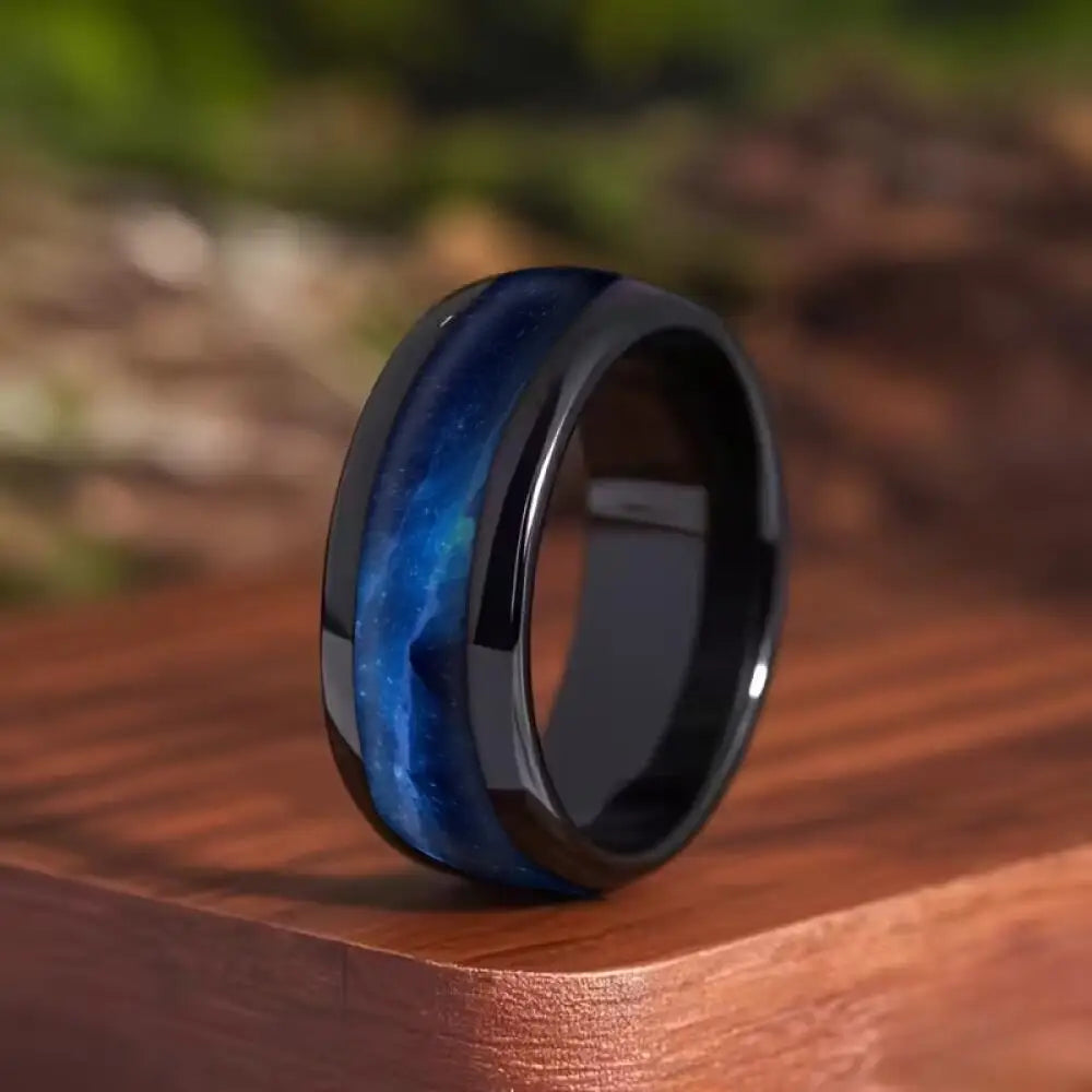 With Blue Gradient Nebula Pattern Rings, 8mm Cosmic Starry Sky Stainless Steel Men Ring, Wedding Band Jewelry Drop Shipping