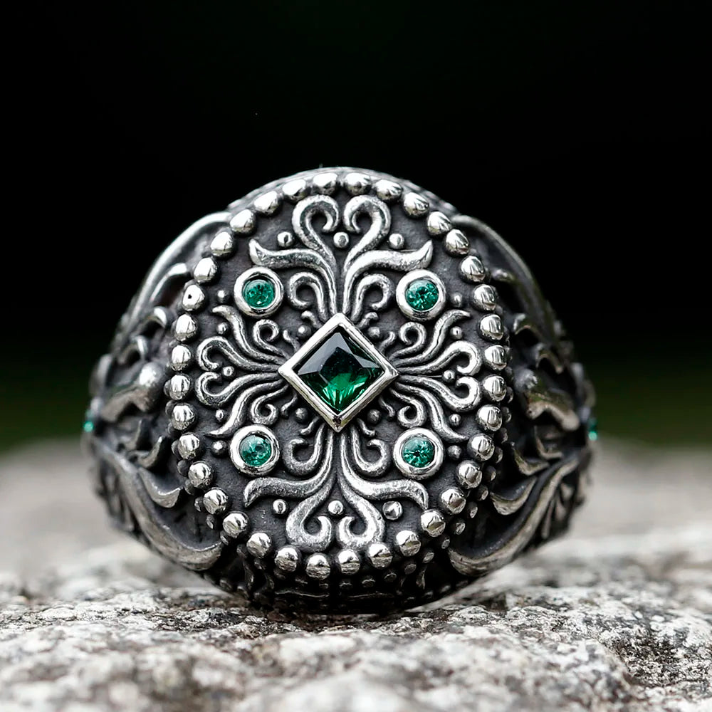 2022 New Unique Design Stainless Steel Turkish Stone Ring Vintage Pattern Men's Ring Retro National Style Jewelry Gift