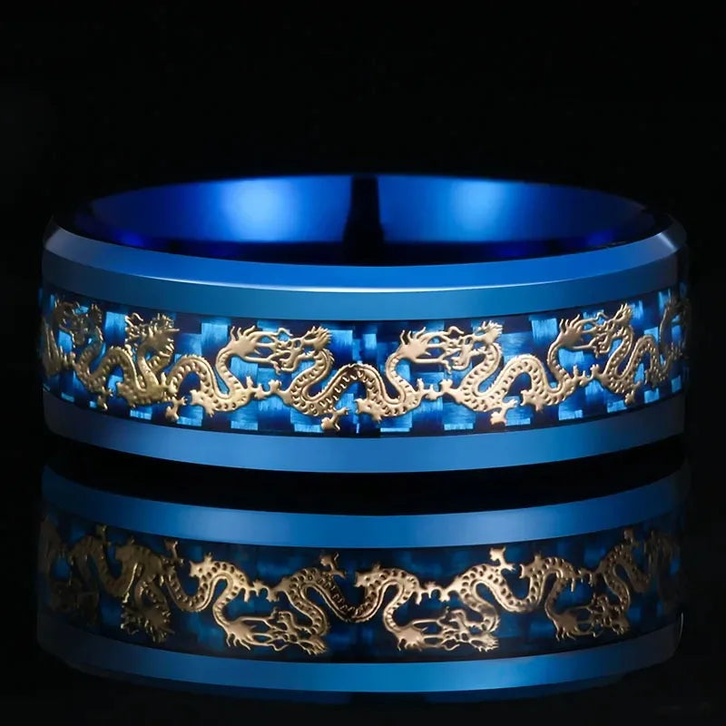 Fashion 8mm Men Stainless Steel Dragon Ring Vintage Punk Chinese Dragon Pattern Carbon Fiber Rings For Men Wedding Party Jewelry