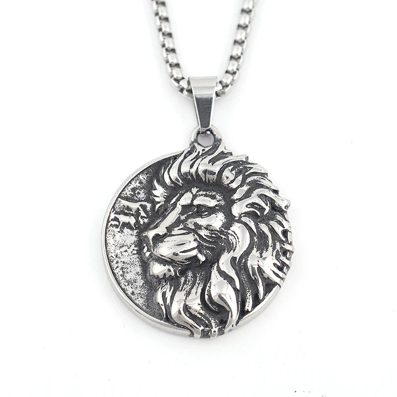 Wolf & Lion Pendant Necklace with Norse Runes Vintage Style Viking Tribal Chain for Men, Punk Biker Stainless Steel Jewelry Gift