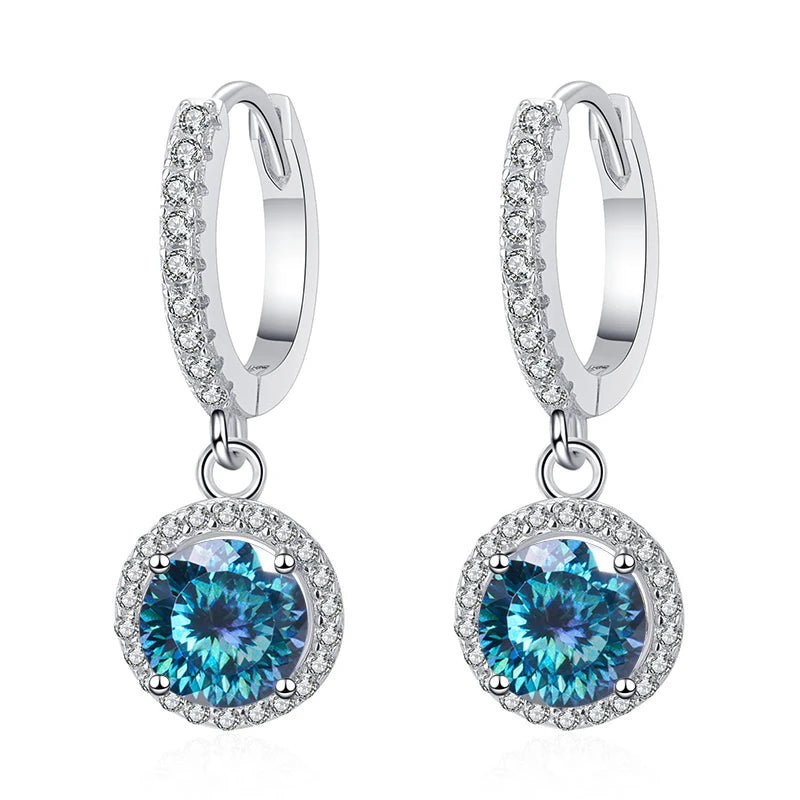 Butterflykiss 2 Carat 100 Faced Cut Moissanite Drop Earrings For Women S925 Silver Sparkling Lab Diamond Women's Wedding Jewelry Azure blue 1.0CT X 2