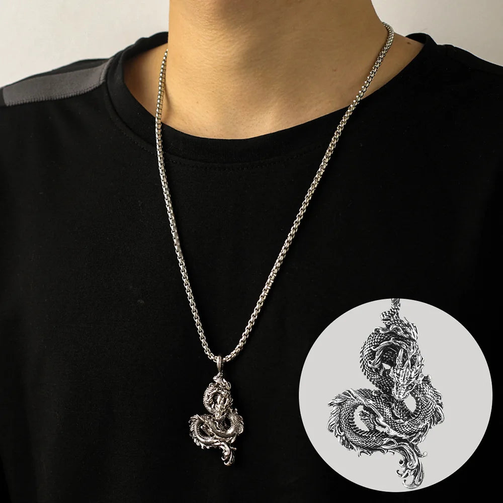 Stainless Steel Domineering Chinese Dragon Pendant Chain for Men Fashion Punk Dragon Necklaces Popular Party Jewelry