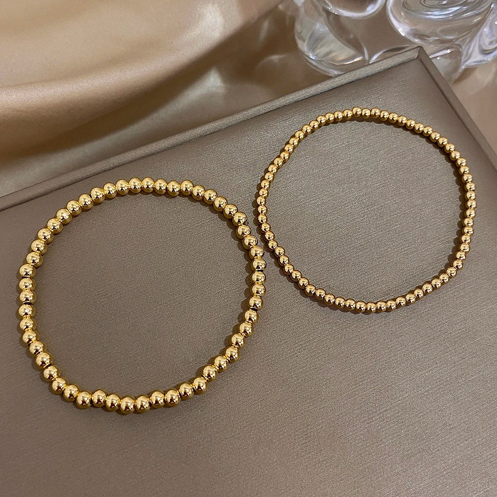 Greatera 3/4mm Stainless Steel Beads Elastic Bracelets for Women Gold Plated Tricolor Beaded Chain Bracelet Waterproof Jewelry