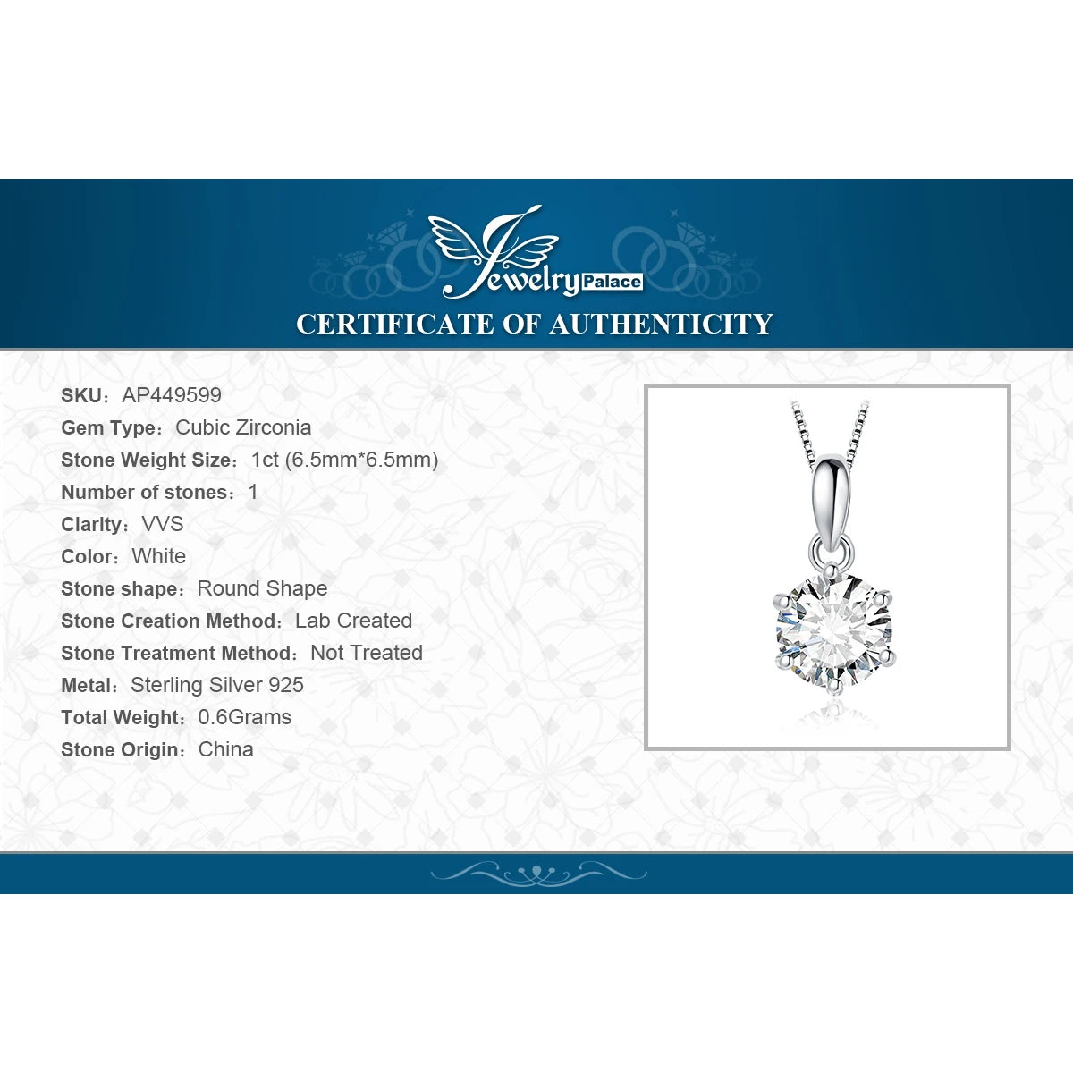 JewelryPalace Classic 1ct Round CZ 925 Sterling Silver Pendant Necklace for Woman No Chain Fine Jewelry Fashion Anniversary Gift