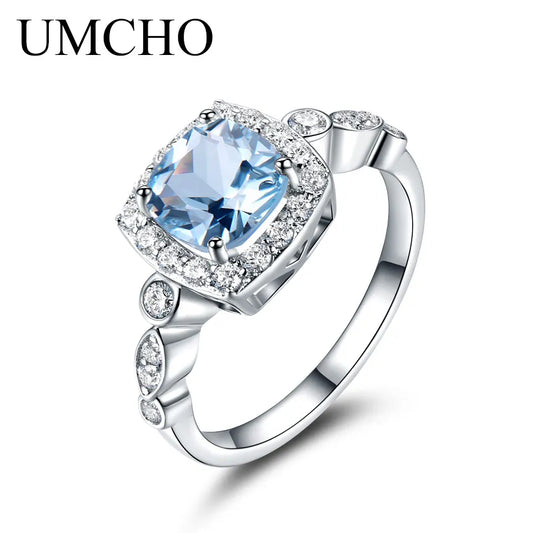 UMCHO Real S925 Sterling Silver Rings for Women Blue Topaz Ring Gemstone Aquamarine Cushion Romantic Gift Engagement Jewelry