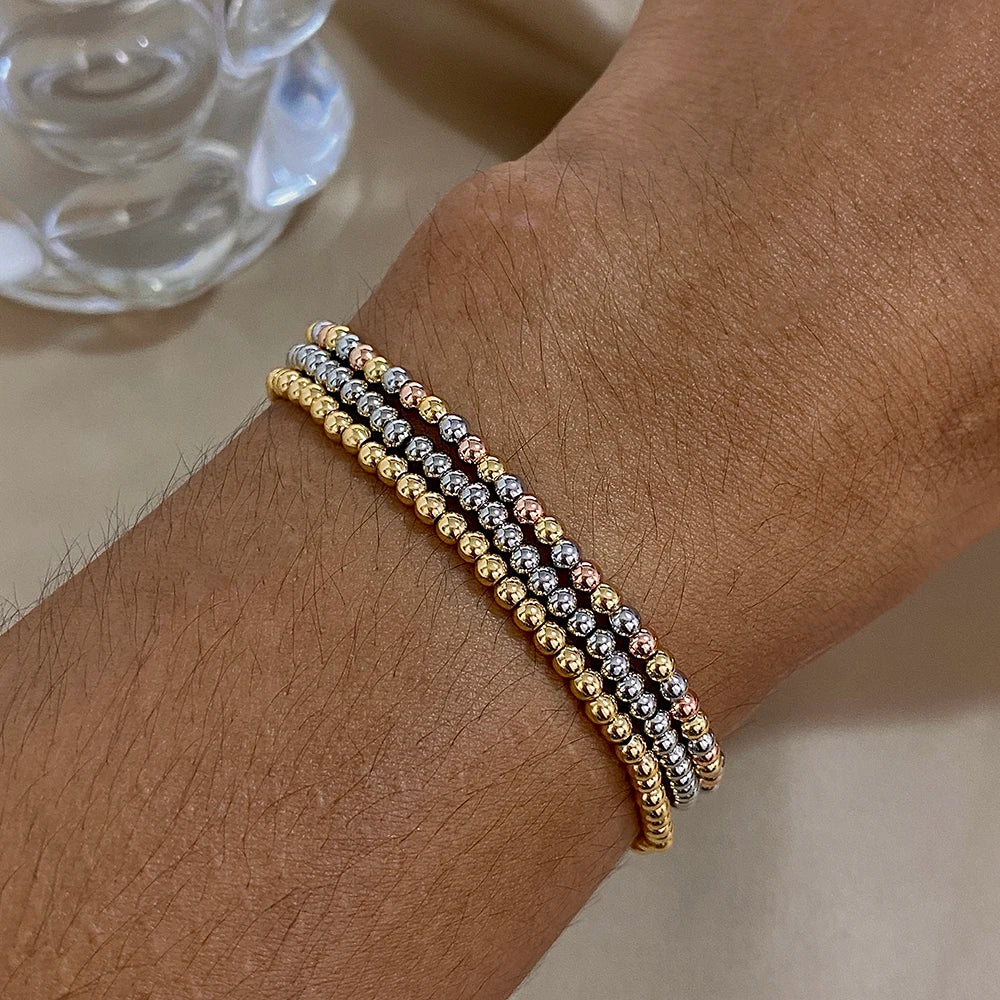 Greatera 3/4mm Stainless Steel Beads Elastic Bracelets for Women Gold Plated Tricolor Beaded Chain Bracelet Waterproof Jewelry