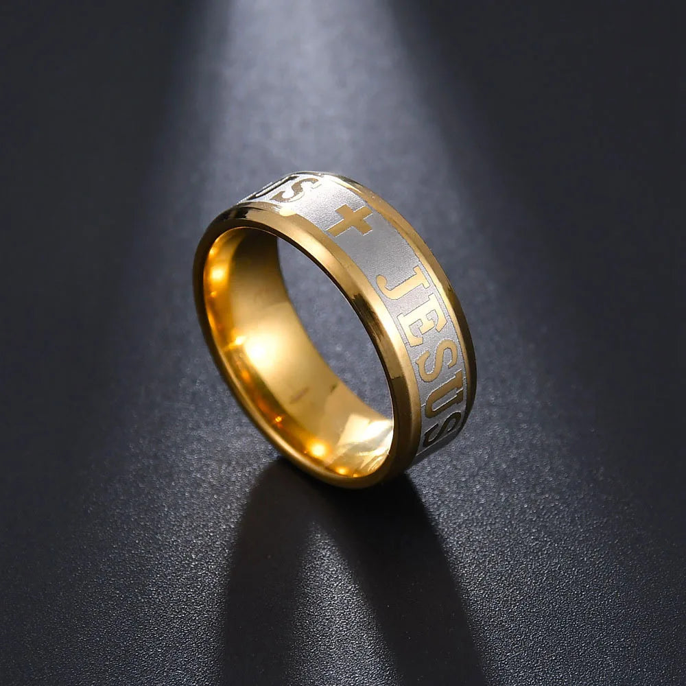Stainless Steel Black Color Jesus Cross Letter Bible Prayer Finger Rings For Men 8mm Amulet Jewelry