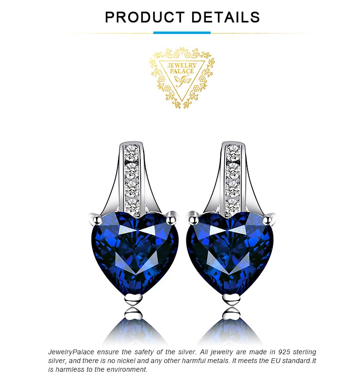 JewelryPalace Love Heart 2.1ct Created Blue Sapphire 925 Sterling Silver Stud Earrings for Woman Fine Jewelry Anniversary Gift