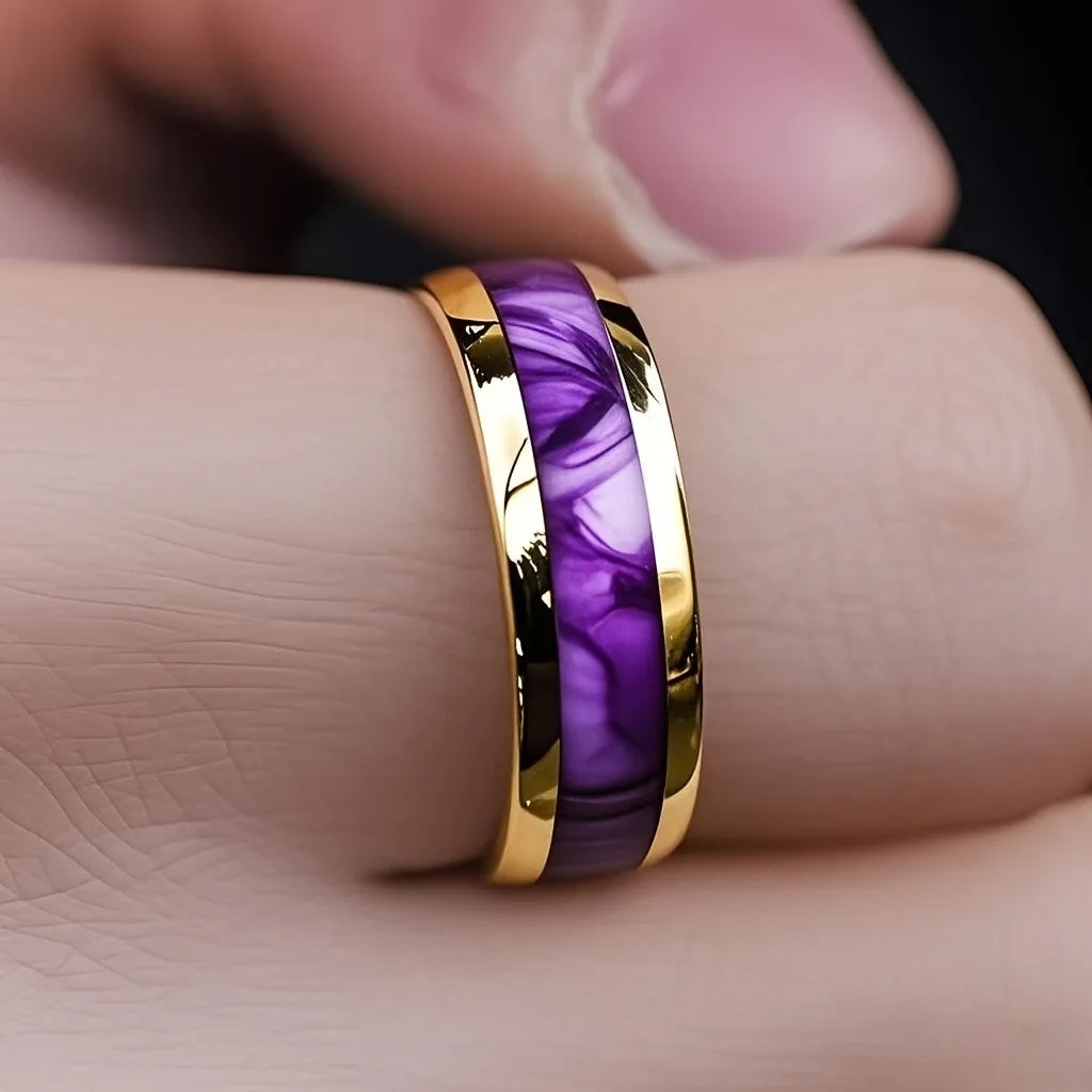 Purple Abalone Shell Inlay Rings, Fashion 8mm Gold Color Men Stainless Steel Rings for Men Women, Wedding Band Jewelry Gift