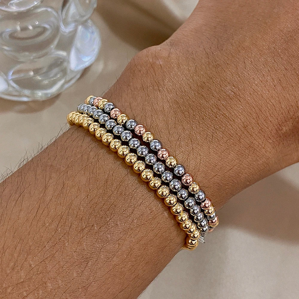Greatera 3/4mm Stainless Steel Beads Elastic Bracelets for Women Gold Plated Tricolor Beaded Chain Bracelet Waterproof Jewelry
