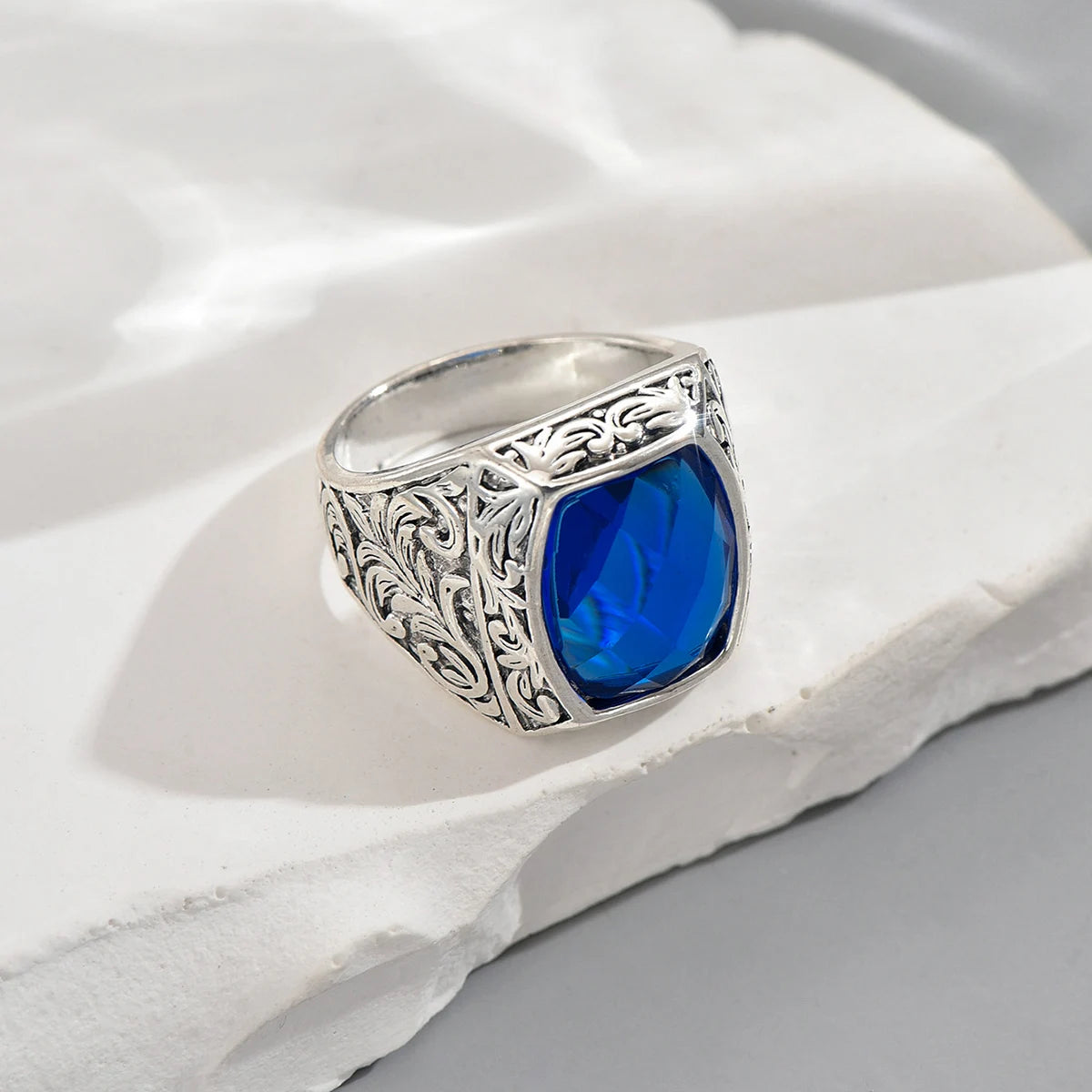 Vintage Punk Geometric Blue Suitable Rings for Anniversary Party Wedding Men's High-end Luxury Jewelry