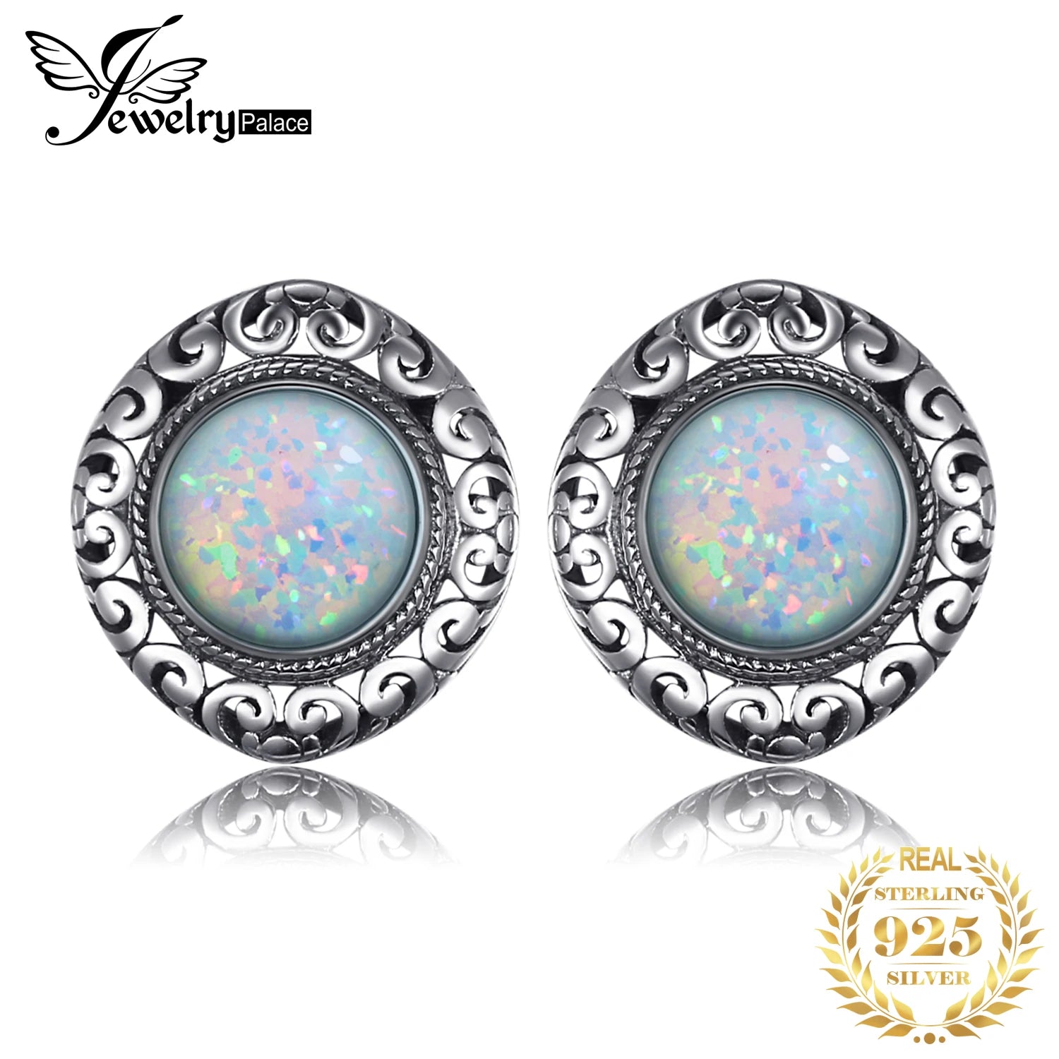 JewelryPalace Vintage 2.5ct Cabochon Created Opal 925 Sterling Silver Stud Earrings for Women Hollow Heart Gemstone Earrings Default Title