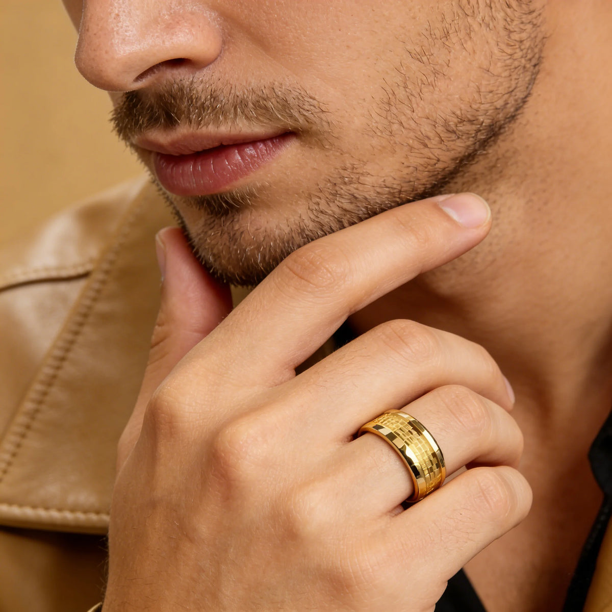 Gold Color Carbon Fiber Inlay Rings For Men, Luxury 8MM Men Gold Color Stainless Steel Rings, Wedding Band Jewelry Drop Shipping