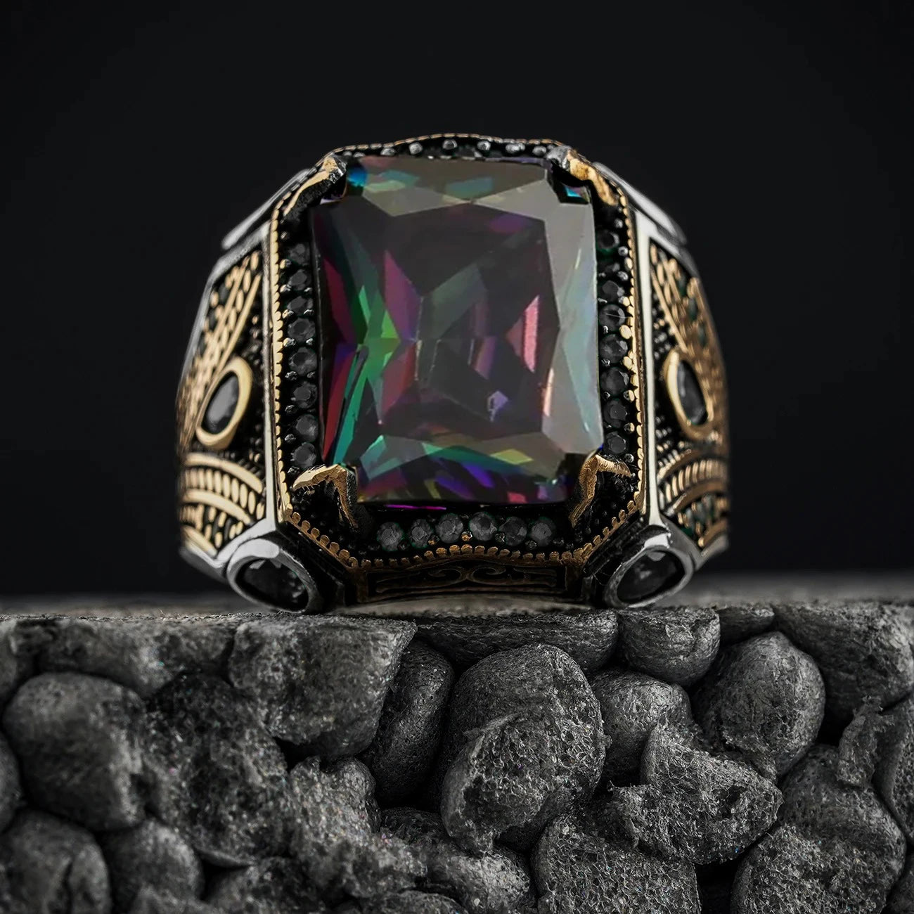 Retro Handmade Turkish Signet Rings For Men Ancient Silver Color Carved Eagle Ring Mystic Zircon Inlay New Punk Motor Biker Ring