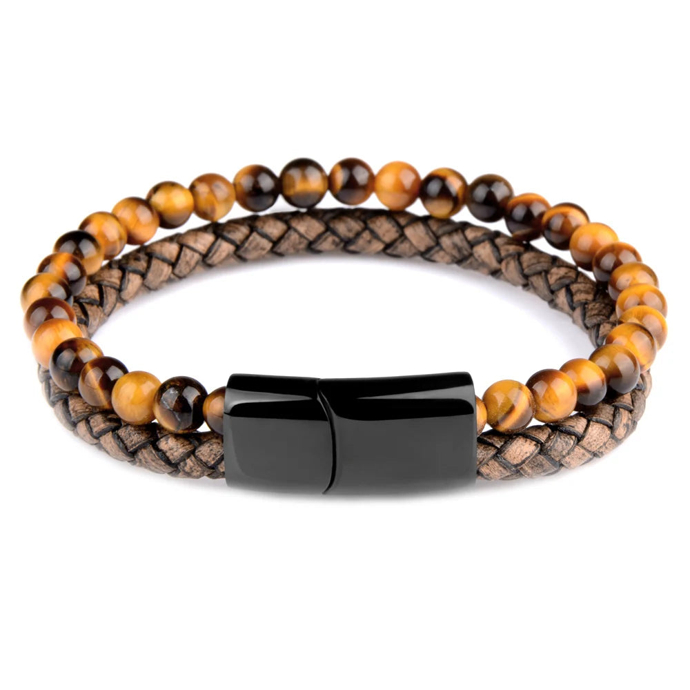 Natural Stone Bracelet Genuine Leather Braided Bracelets Black Stainless Steel Magnetic Clasp Tiger eye Bead Bangle Men Jewelry Tiger eye2