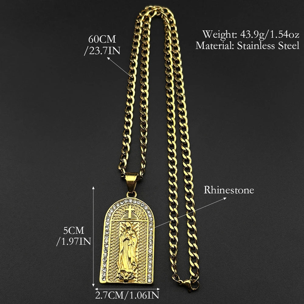 Catholic Virgin Mary Rhinestones Pendant Necklace for Women Men Stainless Steel Gold Color Our Lady of Guadalupe Chain Jewelry