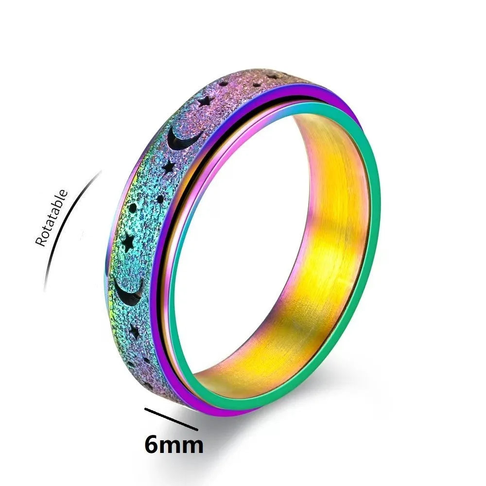 Frosted Stainless Steel Moon And Star Fidget Rings For Men Anti Stress And Anxiety Rotating Ring Fidget Metal Spinner Anillos