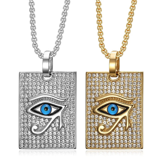 Stainless Steel 18K Gold Plated Chains Eye of Horus Pendant Hip Hop Jewelry Rhinestone Necklace for Men