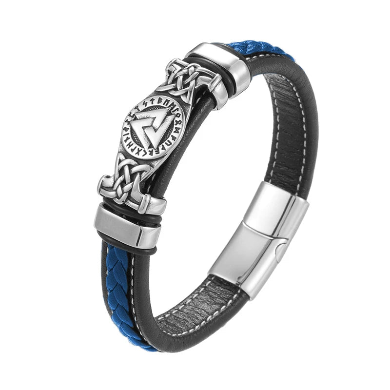 MKENDN Leather Braided Viking Bracelets for Men Boys Vintage Triangle Vegvisir Amulet Scandinavian Wrap Cuff Wirstband Bracelets